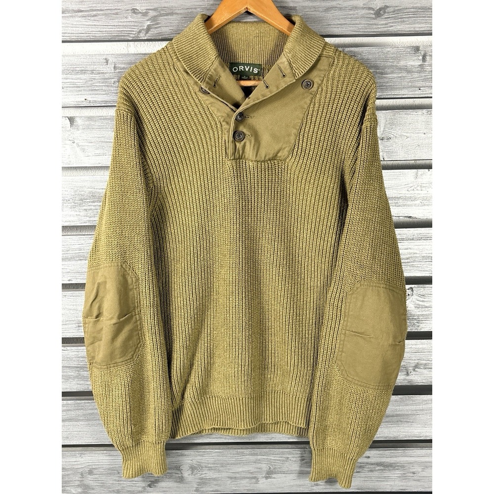 Orvis Shawl Collar Sweater Men M Green Long Sleeve Elbow Patches Military Ribbed